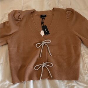 Express Brown Puff Sleeve Blouse with Silver Accents